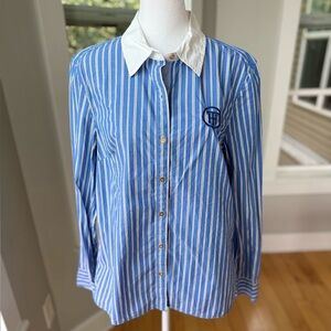 Tommy Hilfiger Blue White Stripe Contrast Collar Logo Button Down Shirt Sz Large